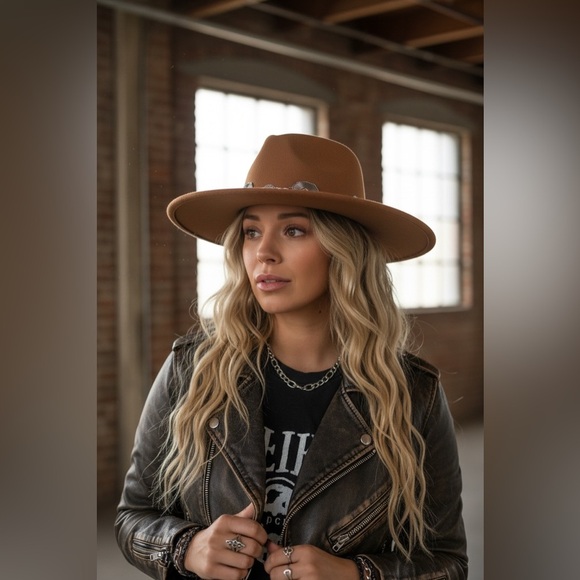 NWT Boho Concho Belted Tan Camel Wide Brimmed Hat - Picture 4 of 4